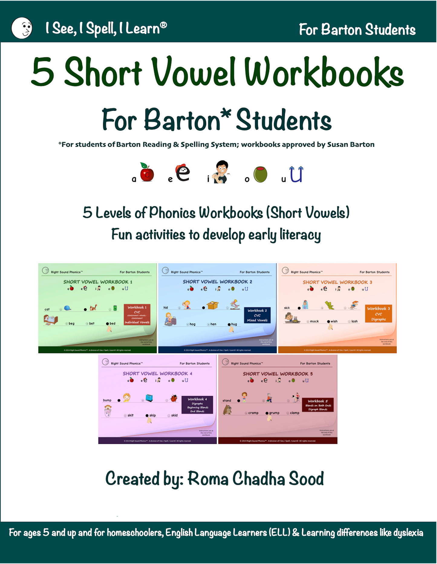 I See, I Spell, I Learn® - Short Vowel Workbooks - For Barton Students - Paperback